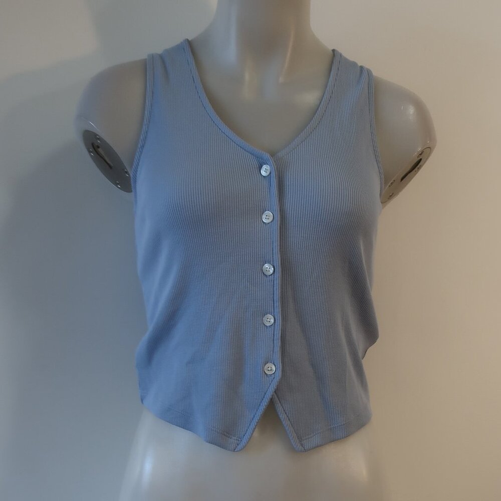 Veronica Beard Light Blue Ribbed Button Front Tank - Picture 2 of 12